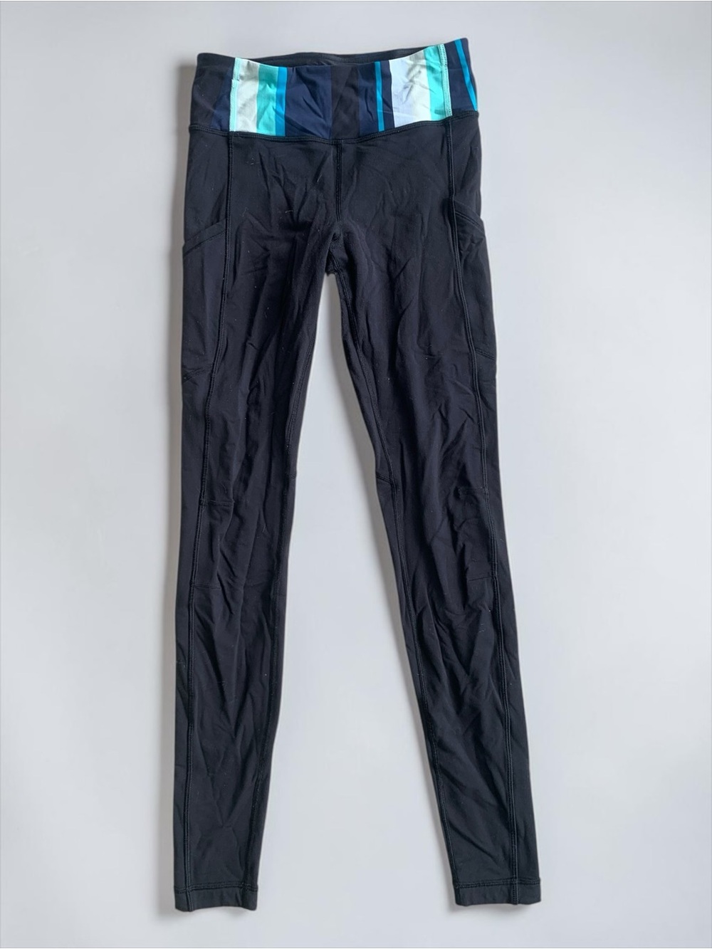 Lululemon Black Leggings with Blue Stripe Waistband Size 4